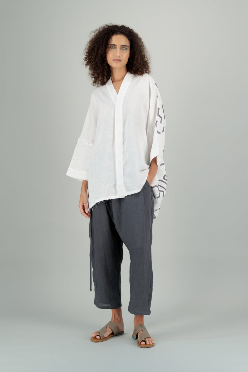 Mika 2 Kimono Linen Shirt Off White Printed