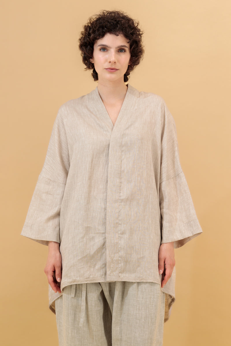 Mika 2 Kimono Linen Shirt Oatmeal Embroidered