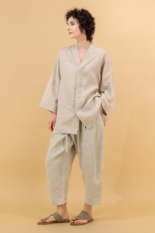 Mika 2 Kimono Linen Shirt Oatmeal Embroidered