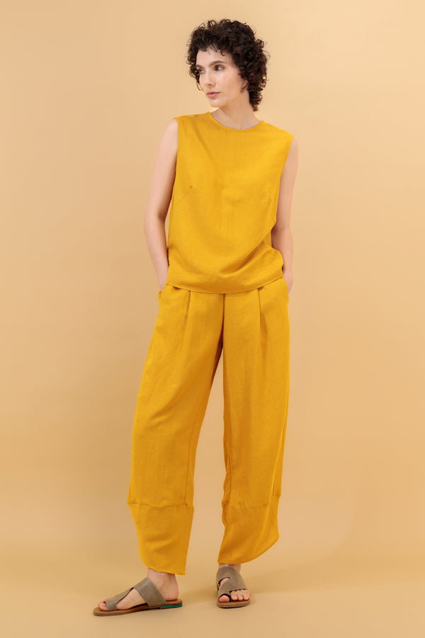 Lily Round Neck Sleeveless Linen Top Mustard