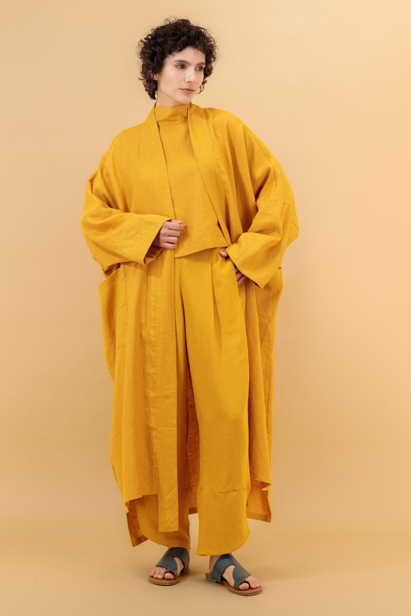 Nawar Linen Kimono Coat Mustard