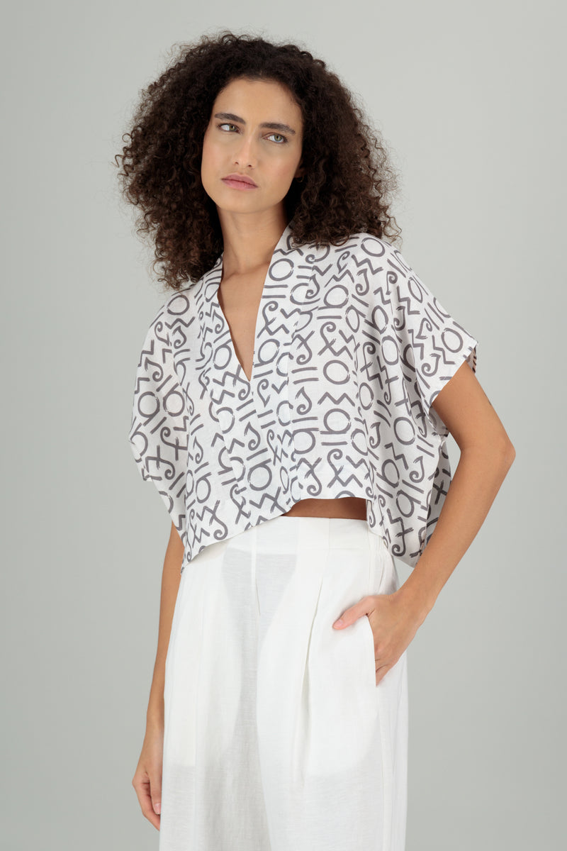 Ivy Kimono Linen Top Off White Printed