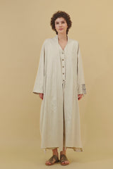 Nawar Linen Kimono Coat Natural Hand Block Printed Sleeve