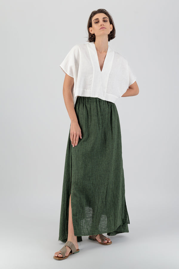 Elementa 01 | Anara Maxi Linen Skirt With Slits Bottle Green