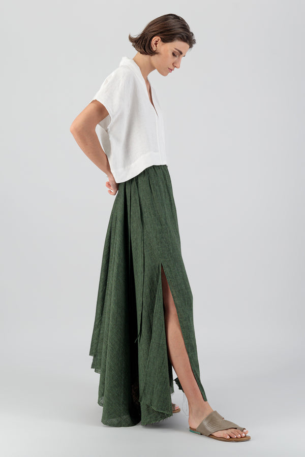 Anara Maxi Linen Skirt With Slits Bottle Green