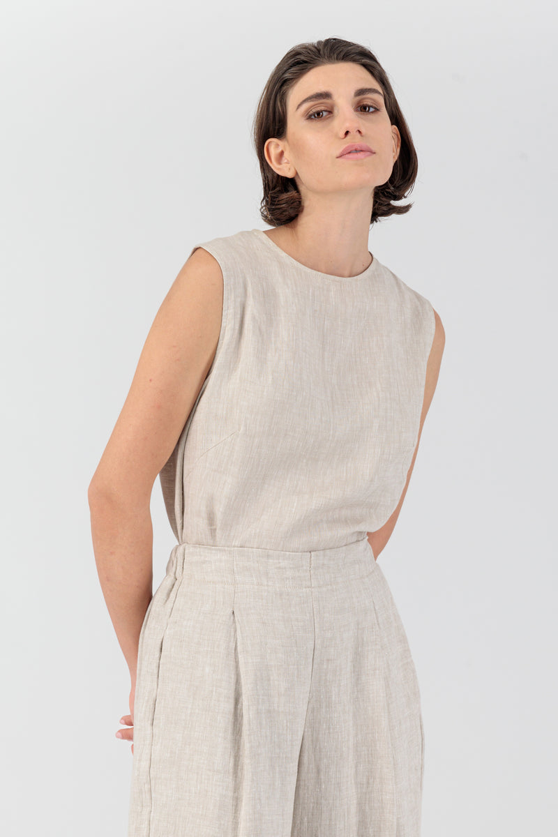 Lily Round Neck Sleeveless Linen Top Oatmeal