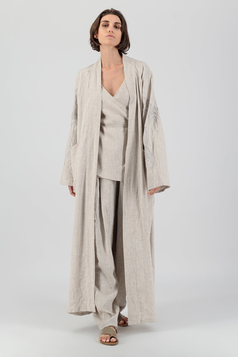 Cura Sui | Azami 3 Raglan Linen Coat Sleeve Detail Oatmeal