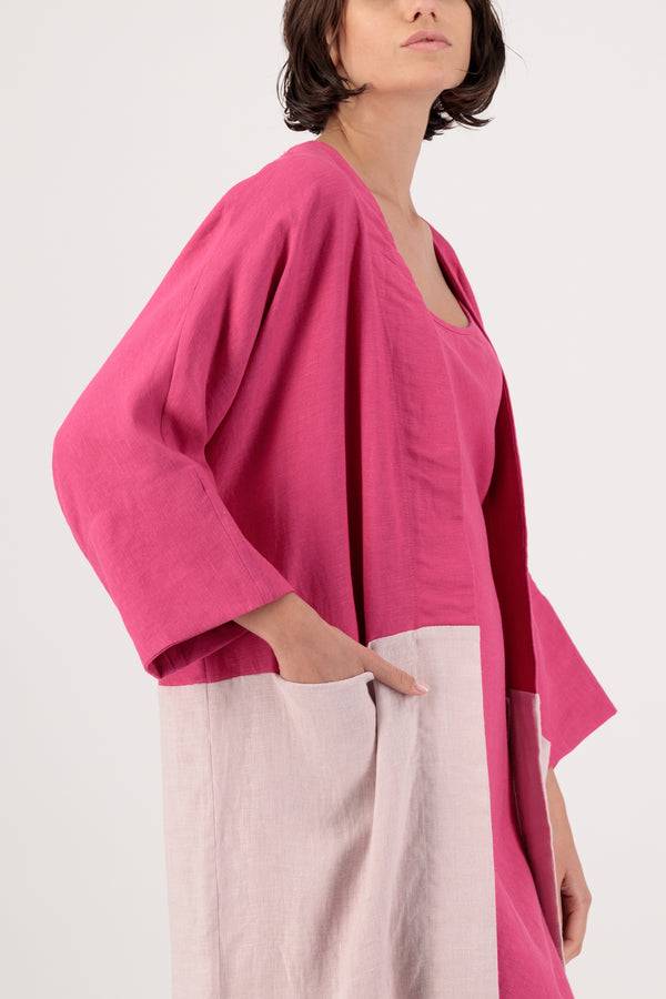 Cura Sui | Tamarisk 3/4 Sleeve Linen Summer Coat Raspberry Multicolor