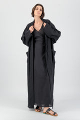 Azami Raglan Linen Coat Back Detail Black
