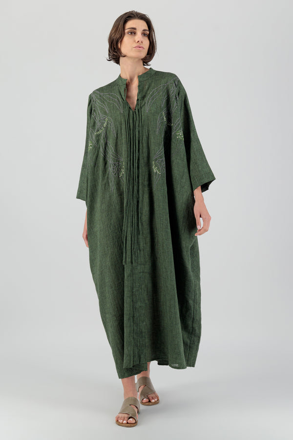 Cura Sui | Sahra Maxi Jelabiya Linen Dress Bottle Green