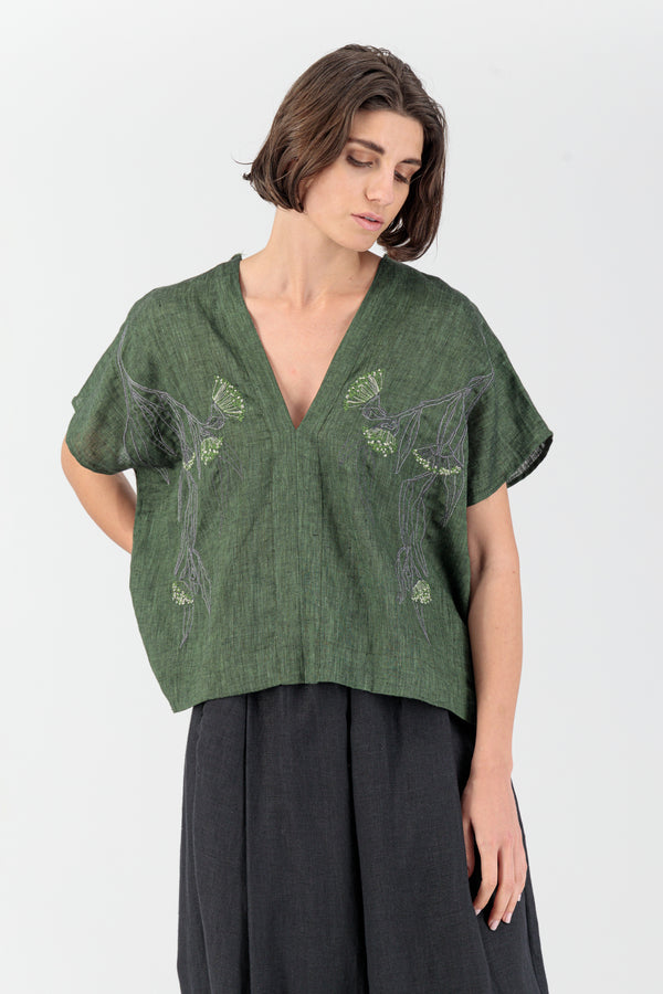 Cura Sui | Laleh Kimono Linen Top Bottle Green