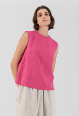 Cura Sui | Lily Round Neck Sleeveless Linen Top Raspberry
