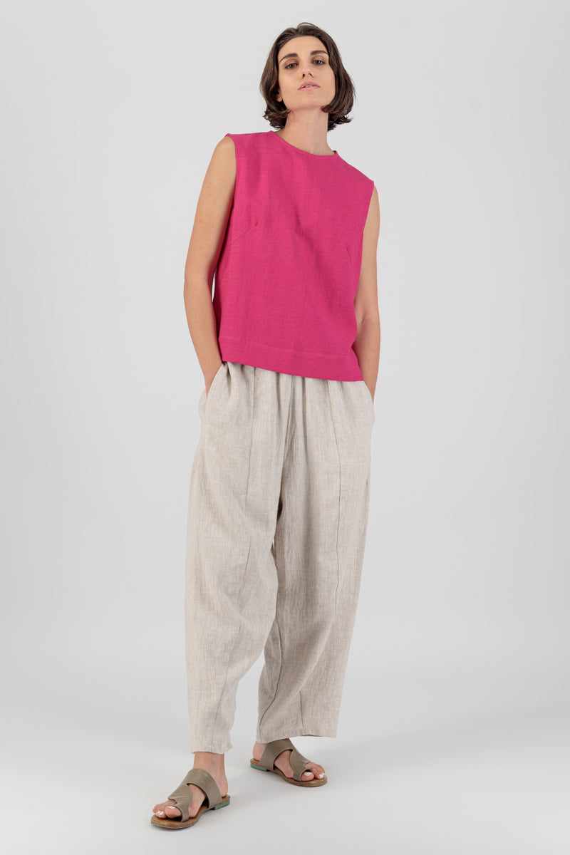 Cura Sui | Lily Round Neck Sleeveless Linen Top Raspberry